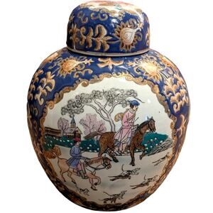 Vintage WBI China Fox Hunt Hunting Dog Horse Equestrian Ginger Jar